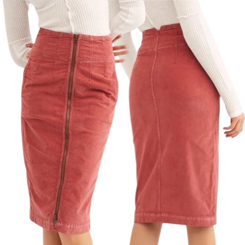 Free People We the Free Corduroy Zip Front Midi Skirt Sz 26 Red Coral Boho Indie